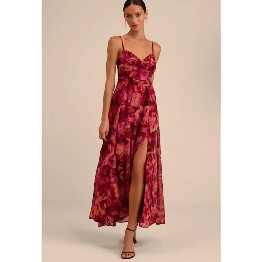 Lulus Beautiful Soul Burgundy Floral Print Twist-Front Maxi Dress S - Picture 2 of 10